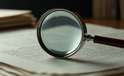 Magnifying glass over documents, symbolizing investigative reporting