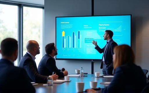 Professionals in a meeting looking at a screen, representing corporate communication